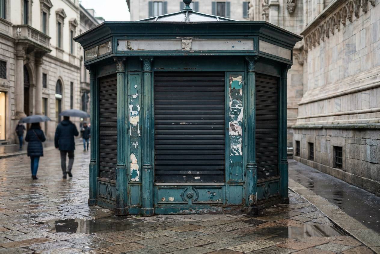 Immagine illustrativa: edicola tradizionale in una piazza milanese al mattino presto