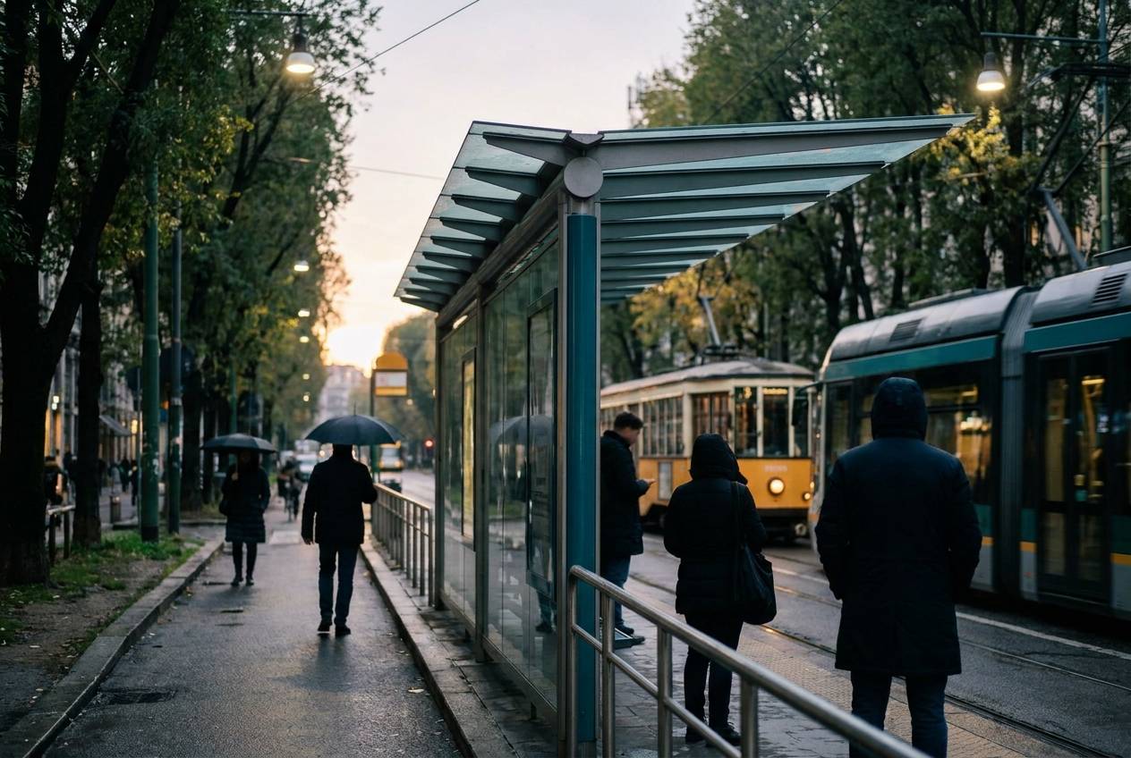 Immagine illustrativa: pensilina del tram su un viale milanese nella luce della sera