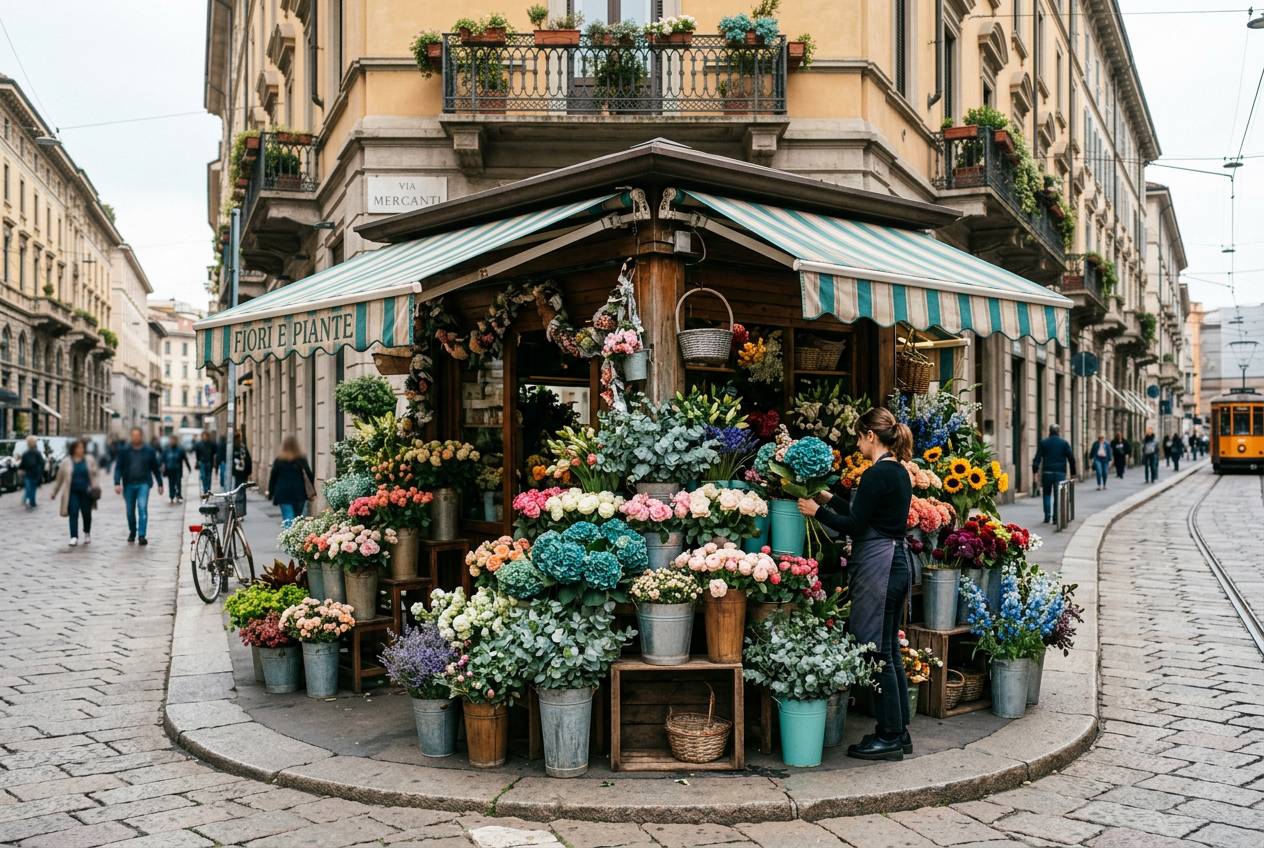 Immagine illustrativa: chiosco di fiori con secchi di fiori freschi su un marciapiede
