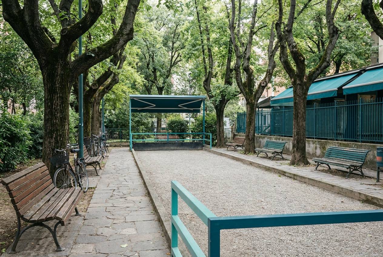 Immagine illustrativa: campo da bocce in un parco di quartiere sotto alberi secolari
