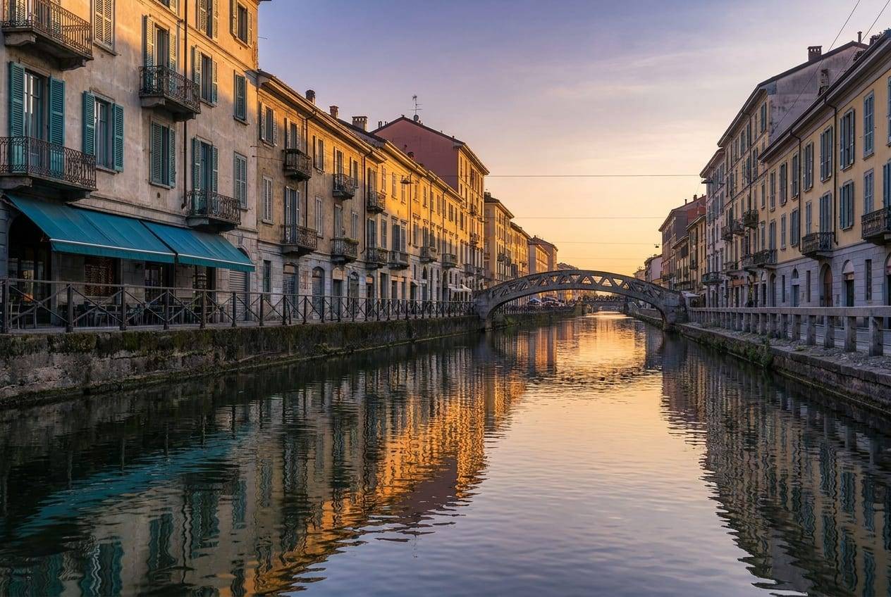 Immagine illustrativa: Naviglio milanese con case di ringhiera riflesse nel canale
