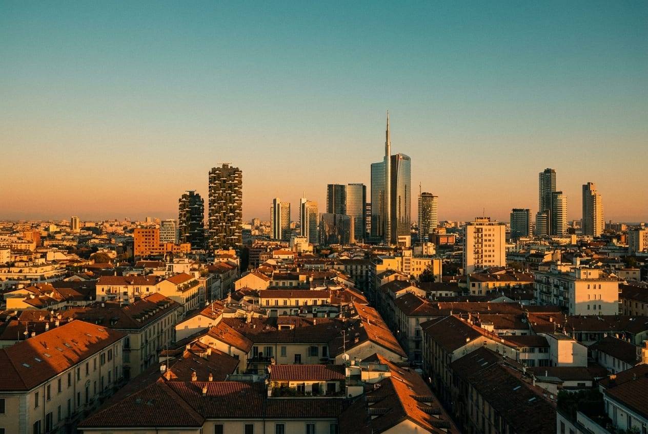 Immagine illustrativa: skyline di Milano al tramonto con le torri di Porta Nuova