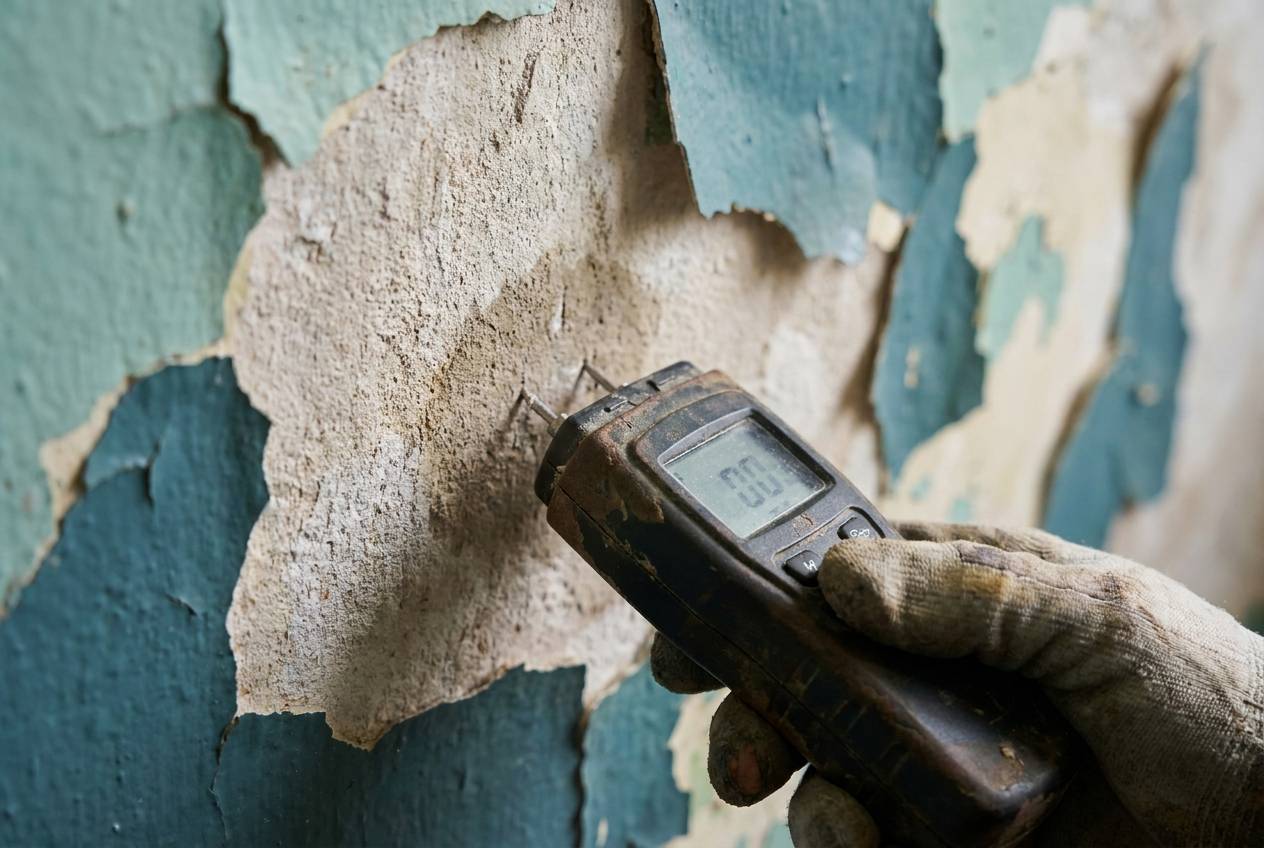 Immagine illustrativa: misuratore di umidità appoggiato a una parete con intonaco che si sfoglia
