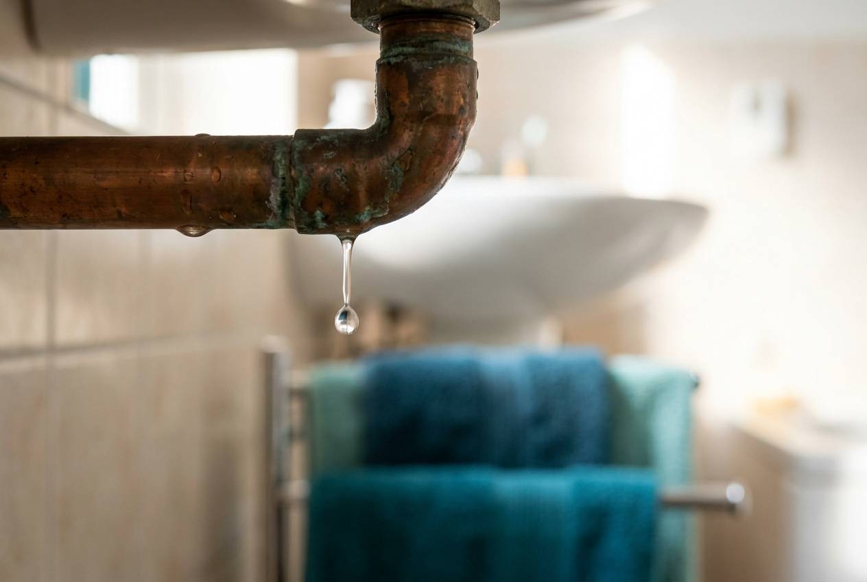 Immagine illustrativa: goccia d'acqua che cade da un raccordo in rame sotto un lavello