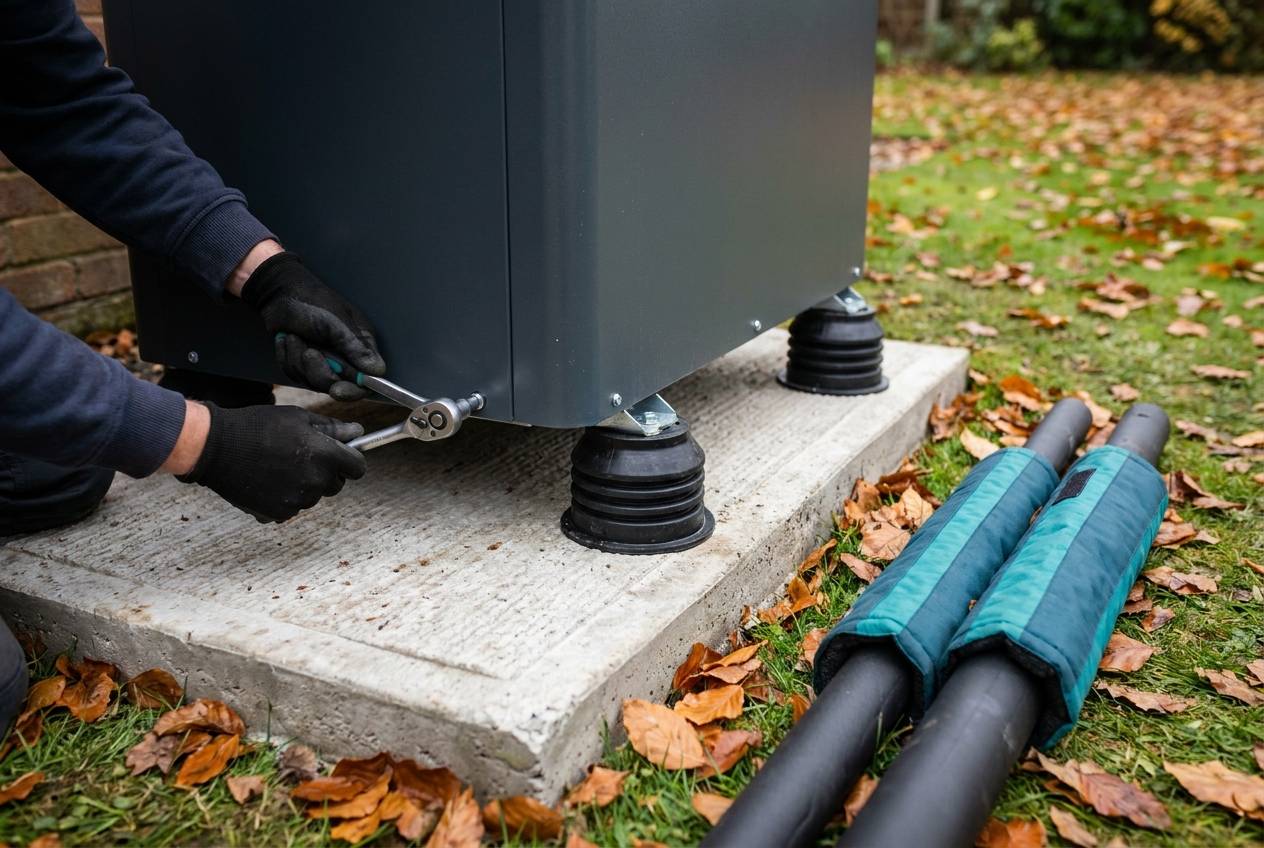 Immagine illustrativa: mani fissano un'unità esterna di pompa di calore su supporti antivibranti in giardino.