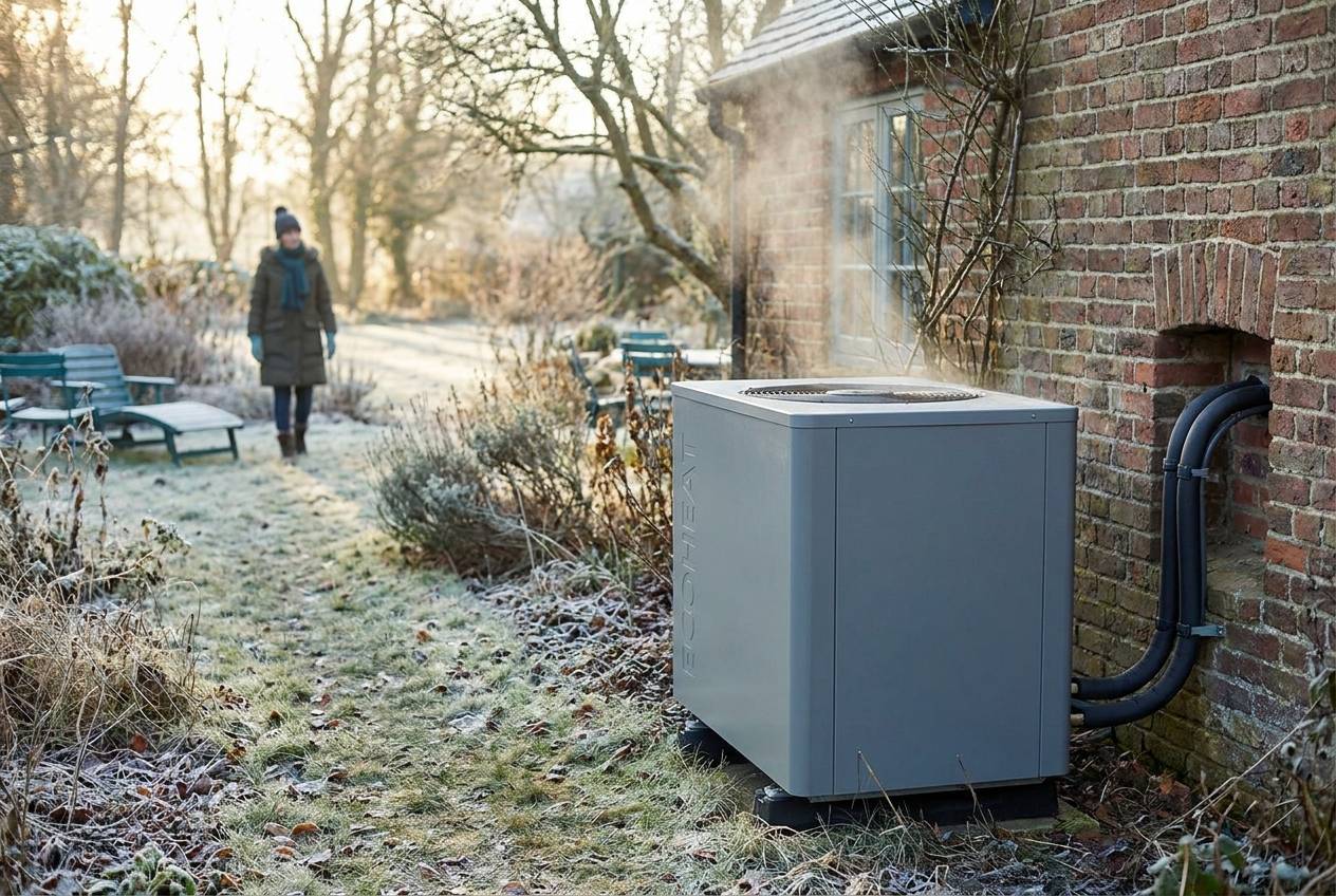 Immagine illustrativa: pompa di calore esterna in funzione in inverno, con leggero vapore dalla ventola.