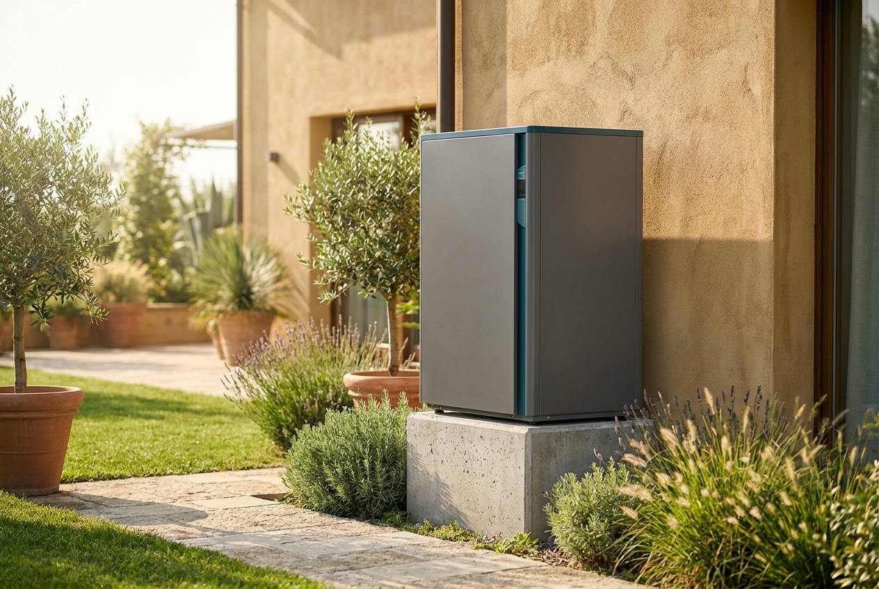 Immagine illustrativa: pompa di calore esterna su basamento accanto alla casa, col giardino