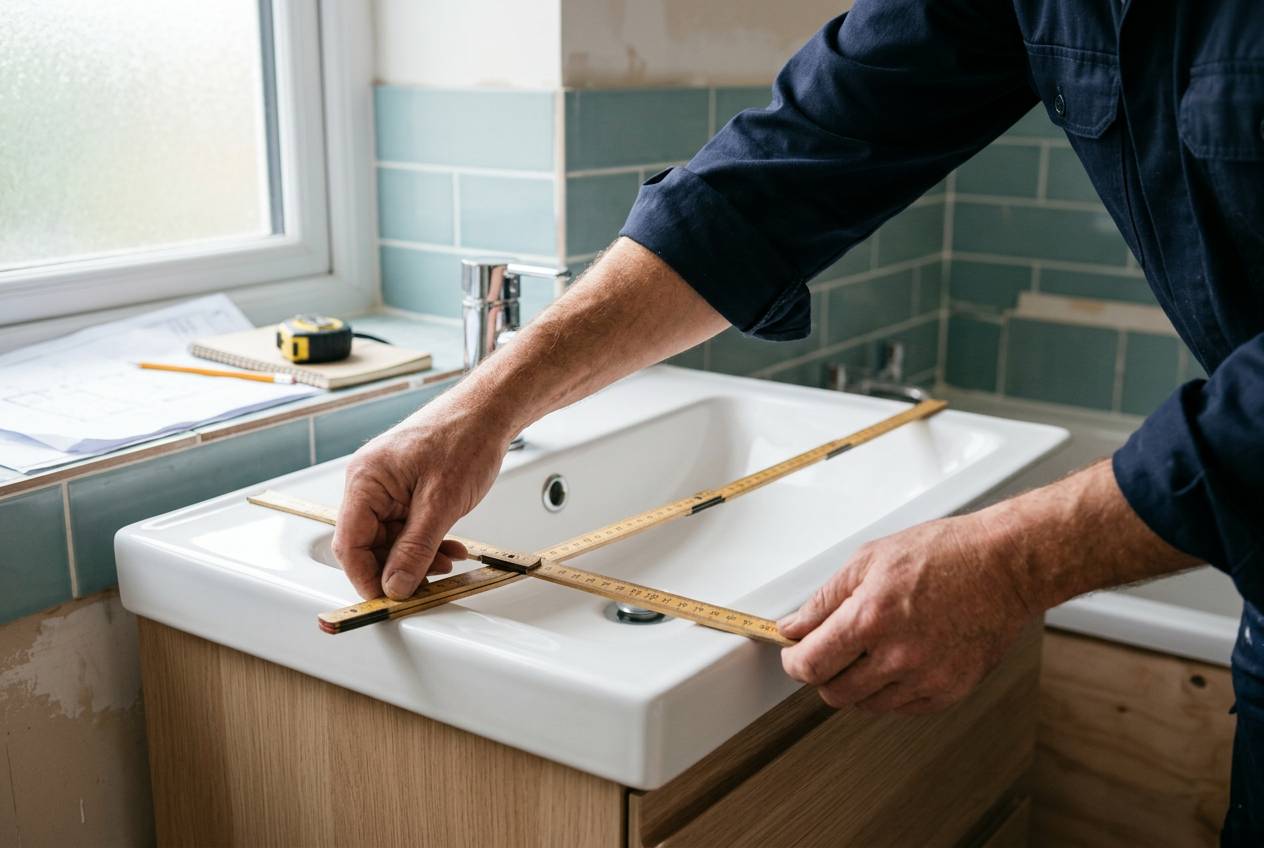 Immagine illustrativa: mani che misurano un lavabo bianco con un metro pieghevole
