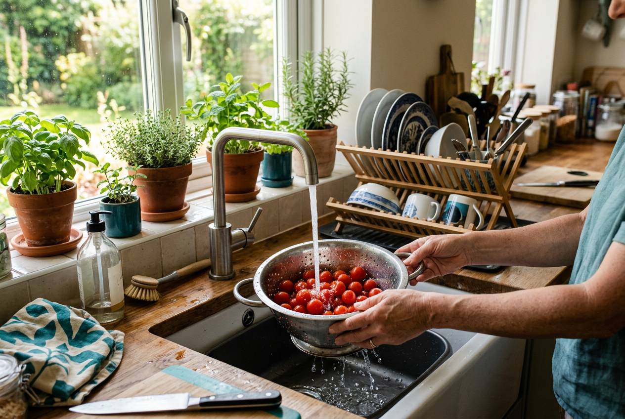 Immagine illustrativa: mani sciacquano pomodorini sotto il getto del rubinetto in una cucina luminosa.