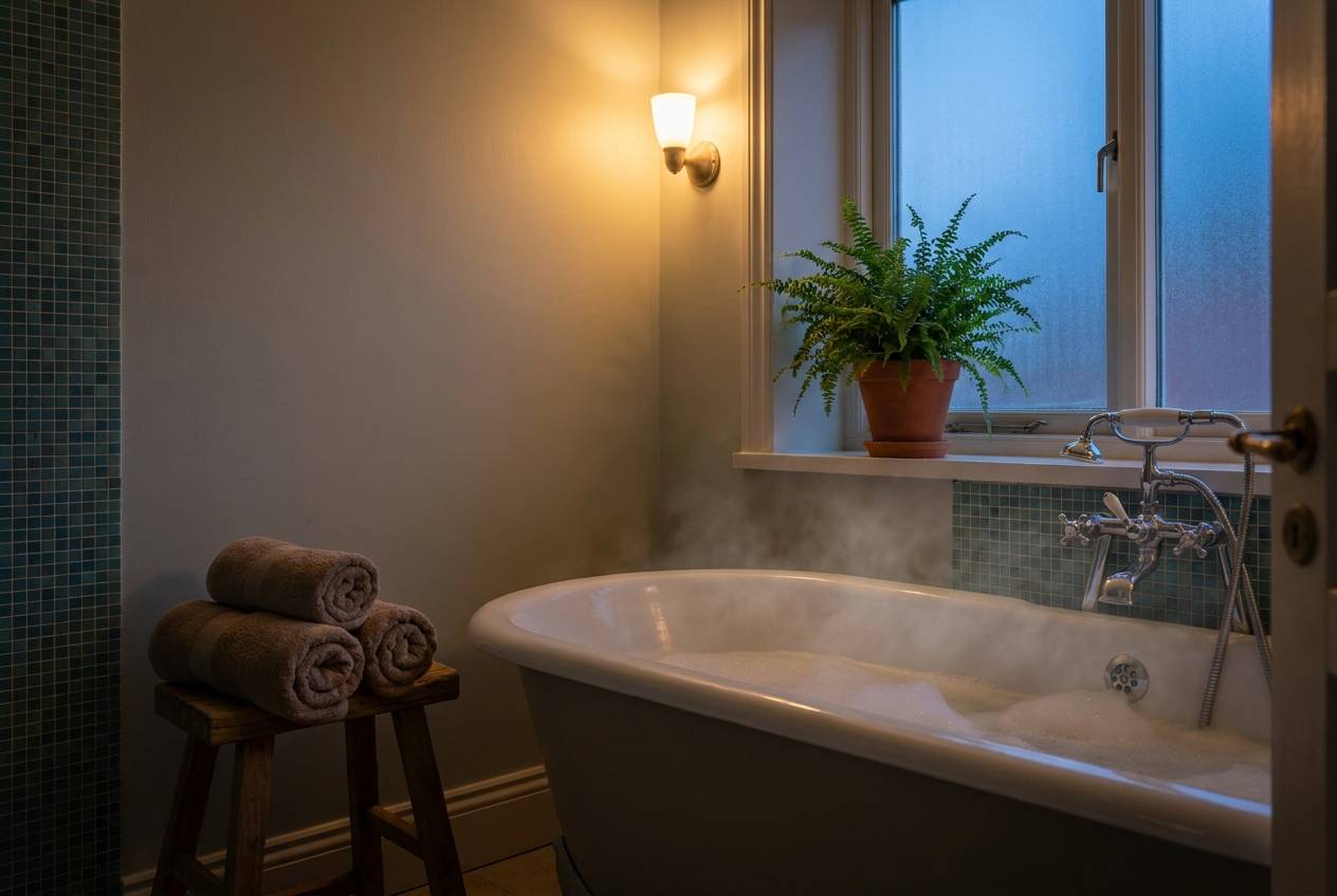 Immagine illustrativa: vasca da bagno che si riempie d'acqua calda in un bagno accogliente alla sera.