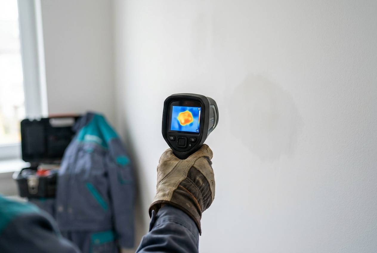 Immagine illustrativa: termocamera puntata su una parete che rivela una traccia termica