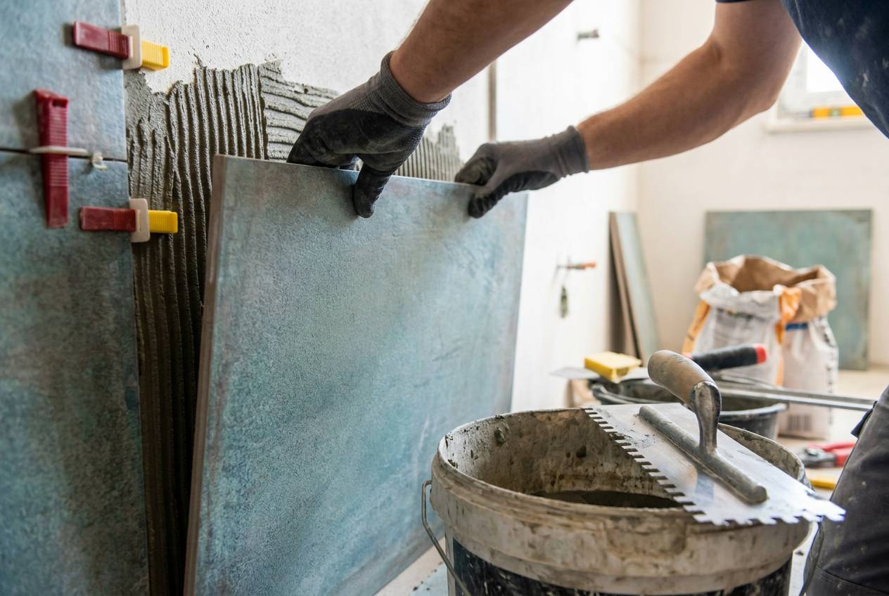 Immagine illustrativa: mani posano una piastrella di grande formato su colla pettinata, con distanziatori autolivellanti.