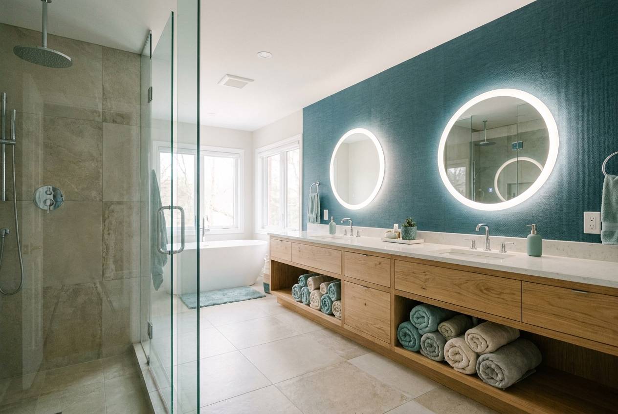 Immagine illustrativa: bagno completamente ristrutturato con doppio lavabo, specchi retroilluminati e parete color petrolio.
