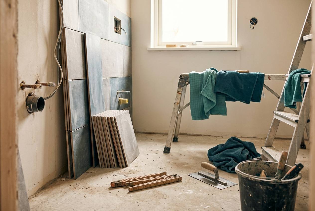 Immagine illustrativa: bagno in ristrutturazione con piastrelle impilate, metro pieghevole e attrezzi