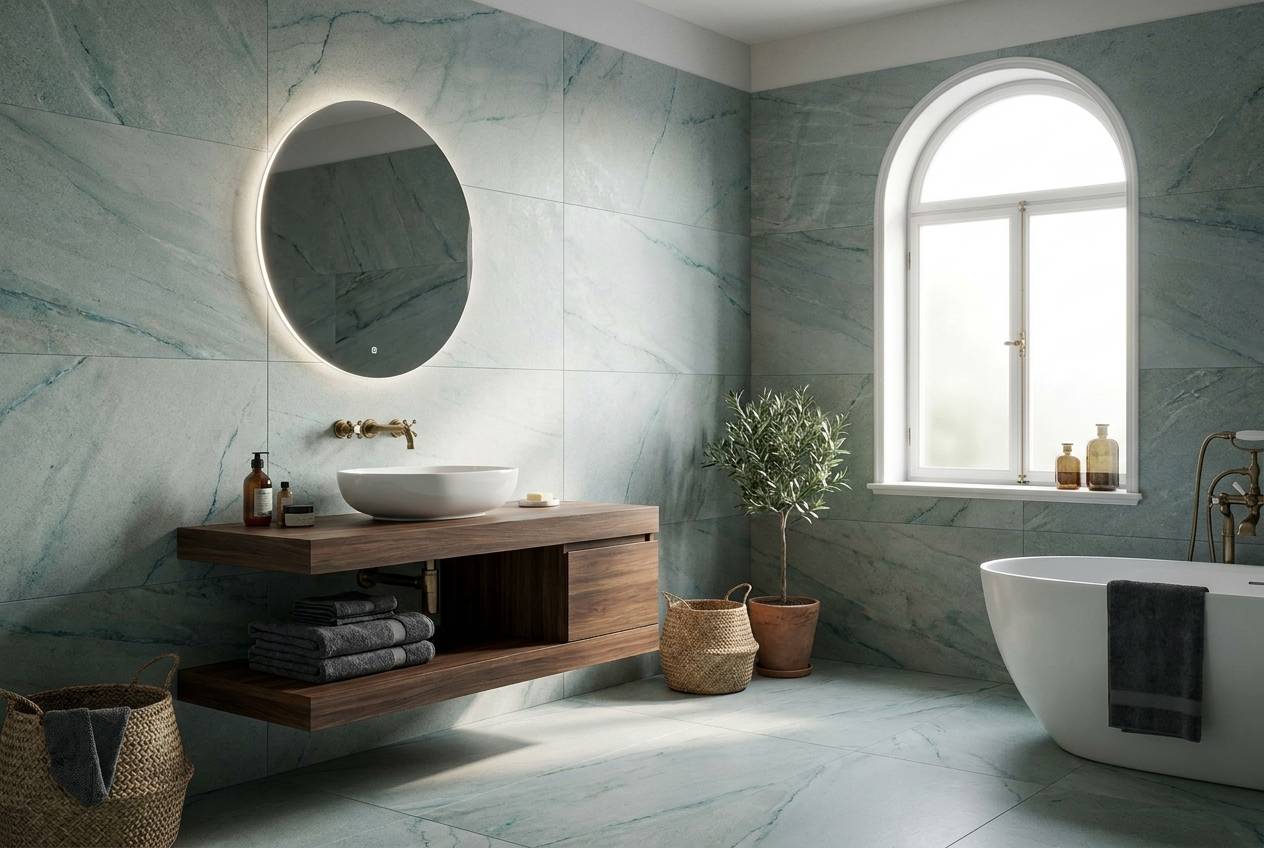 Immagine illustrativa: bagno ristrutturato con vasca, specchio rotondo e finiture eleganti