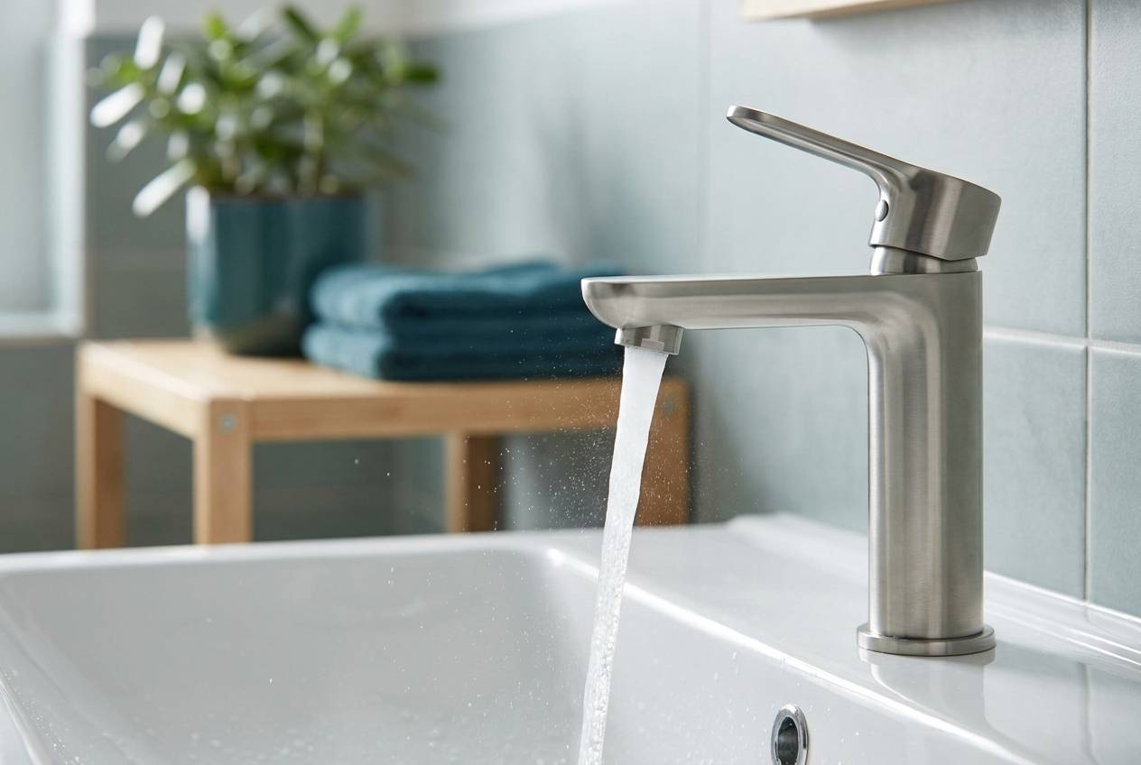 Immagine illustrativa: miscelatore nuovo in acciaio spazzolato con getto d'acqua regolare su un lavabo in ceramica bianca.