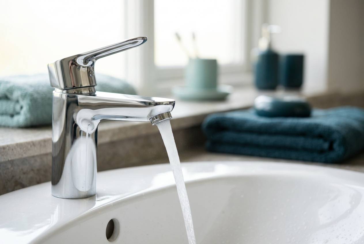 Immagine illustrativa: miscelatore cromato nuovo con getto d'acqua su lavabo bianco