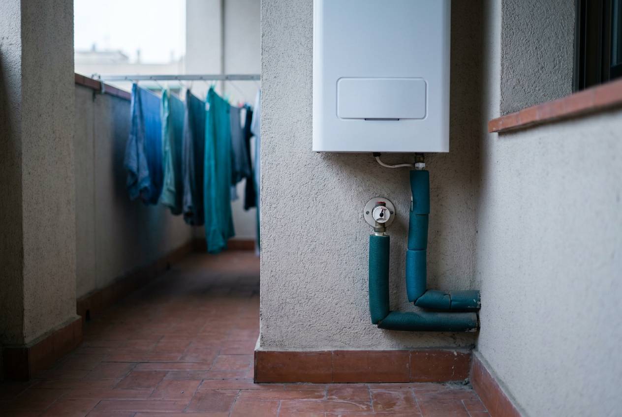 Immagine illustrativa: scaldabagno elettrico compatto installato in una nicchia su un balcone coperto.