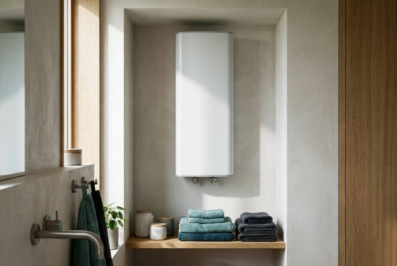 Immagine illustrativa: scaldabagno elettrico moderno installato in una nicchia ordinata con mensola