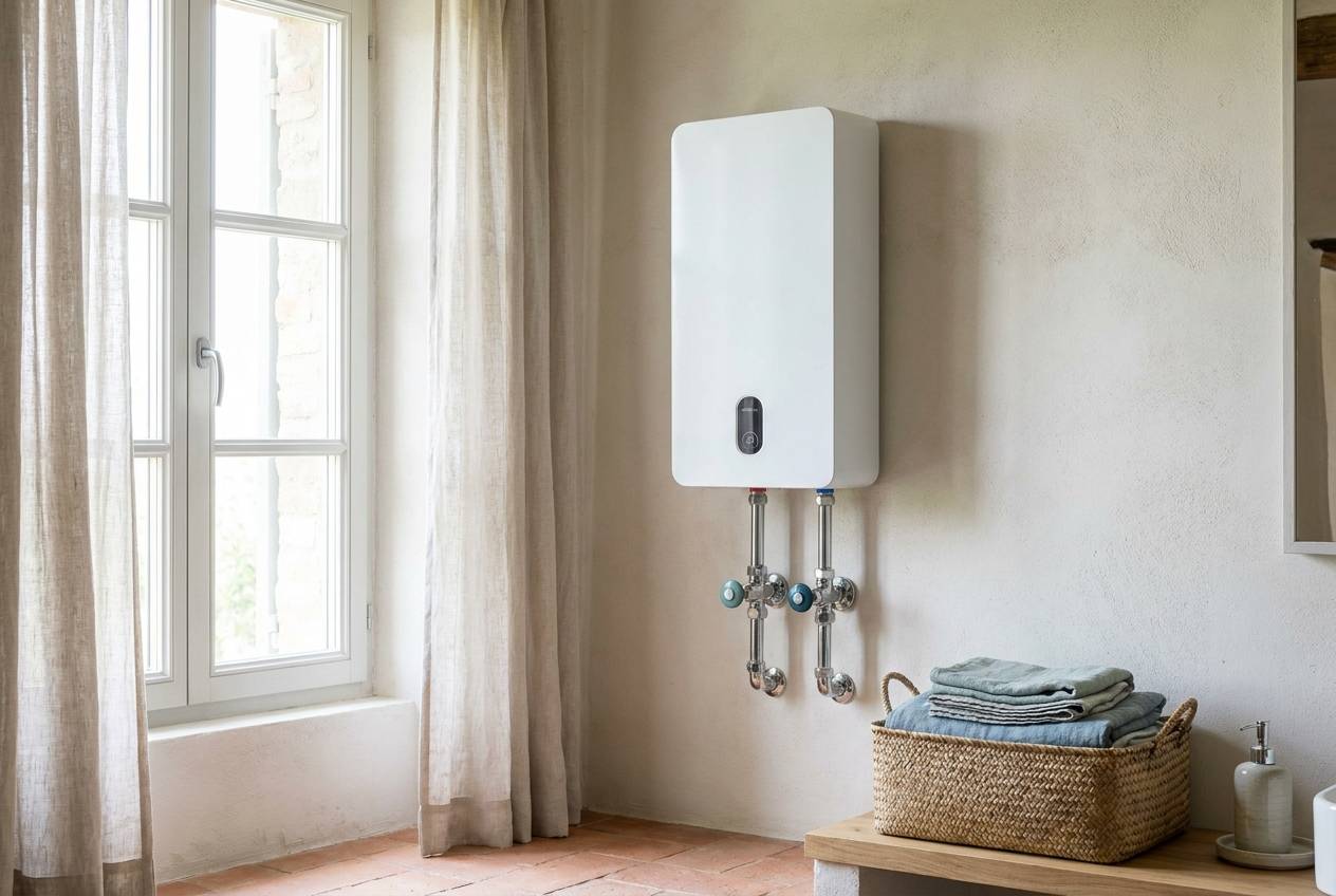 Immagine illustrativa: scaldabagno elettrico bianco installato in una nicchia