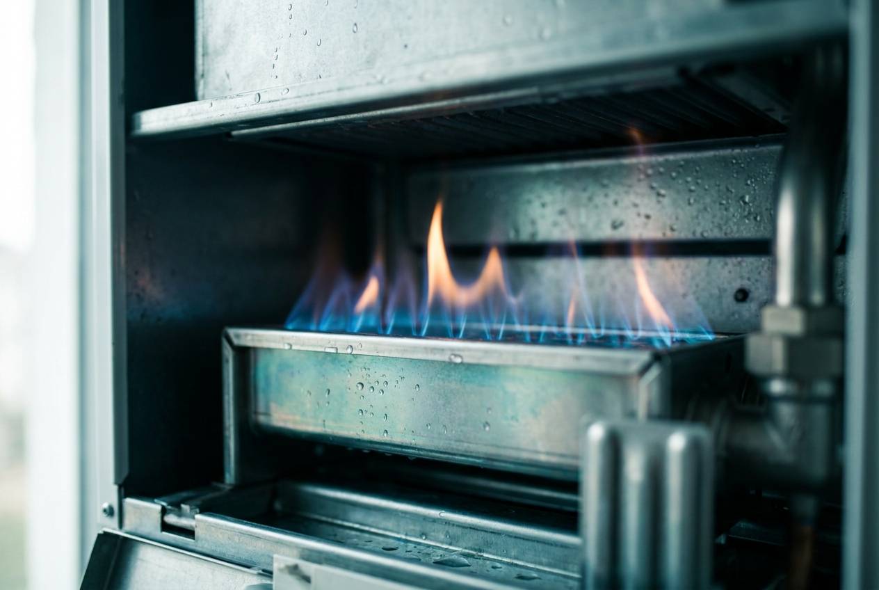 Immagine illustrativa: fiamme blu del bruciatore in una caldaia a condensazione