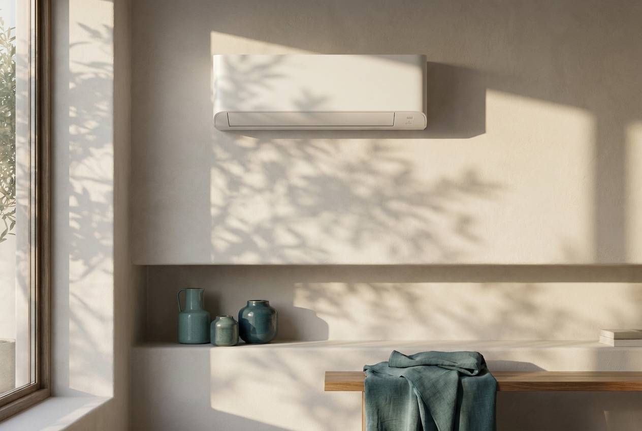 Immagine illustrativa: climatizzatore split bianco a parete nella luce del pomeriggio