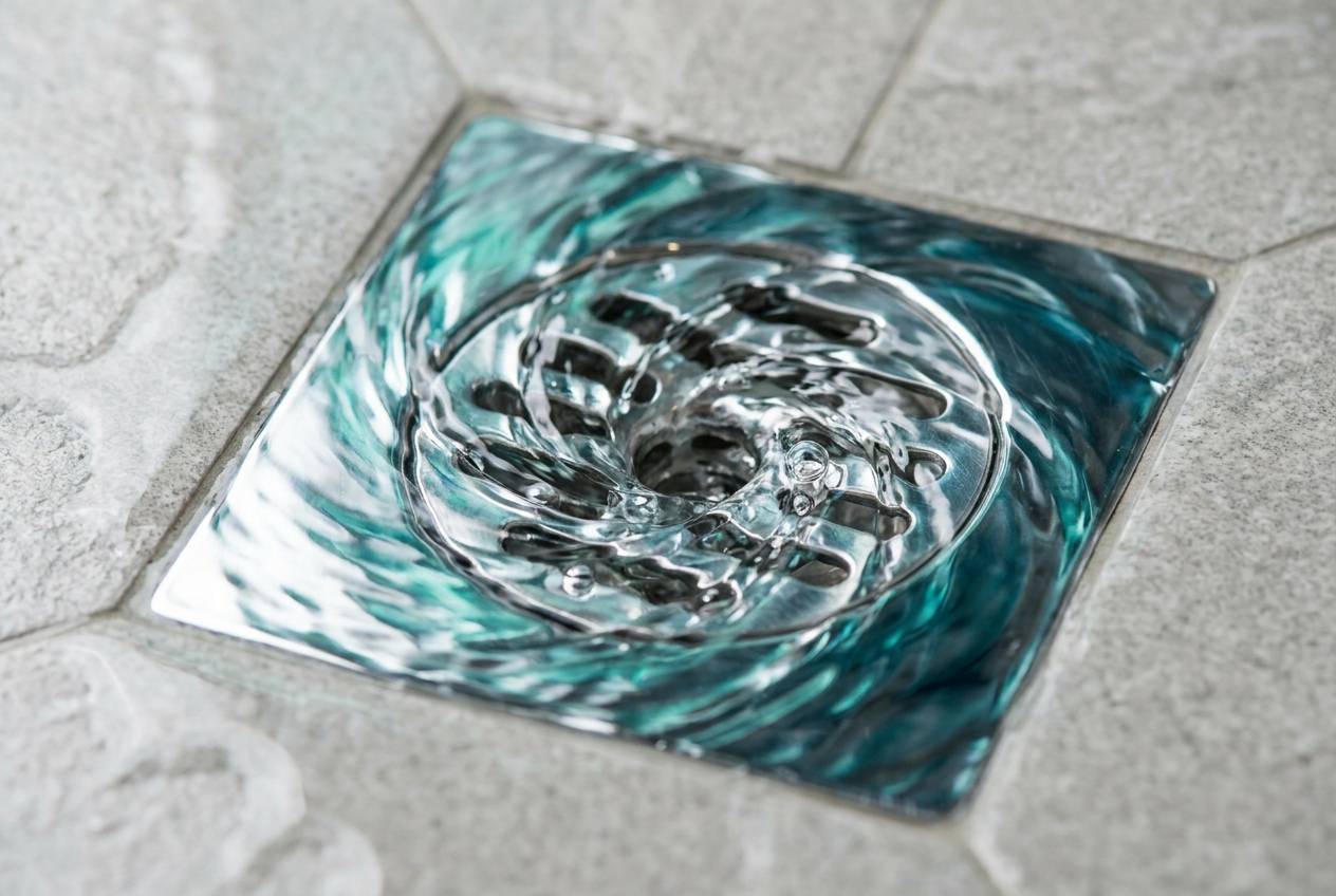 Immagine illustrativa: acqua che scende a vortice in una piletta doccia cromata