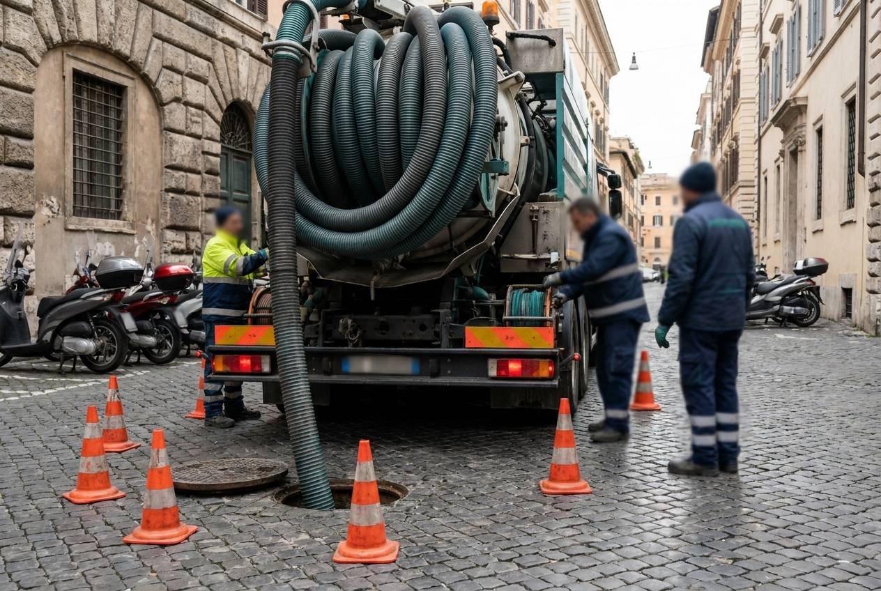 Immagine illustrativa: tubo di un autospurgo inserito in un tombino aperto su strada