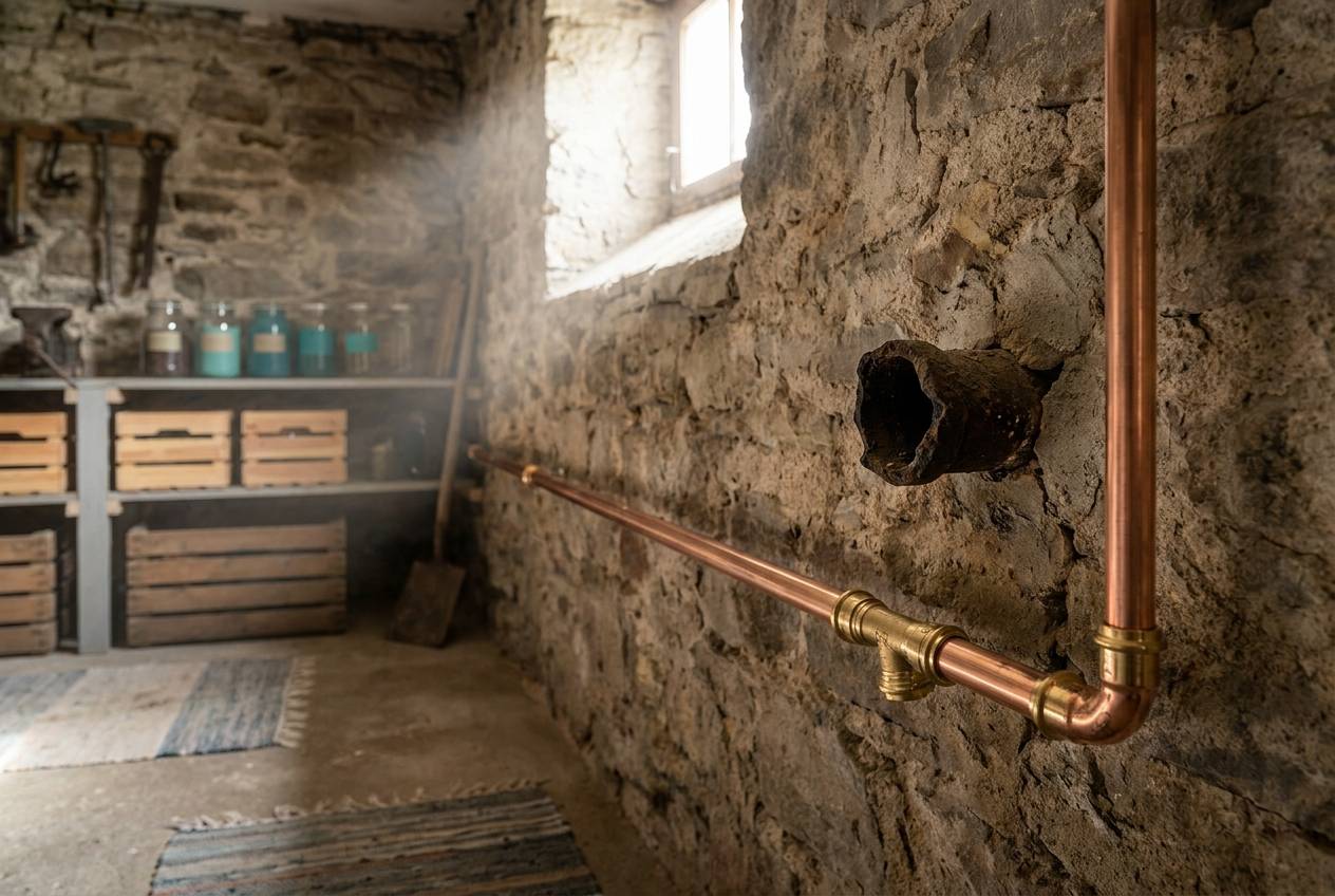 Immagine illustrativa: nuovo tratto di tubazione in rame installato in cantina accanto al vecchio tubo corroso.