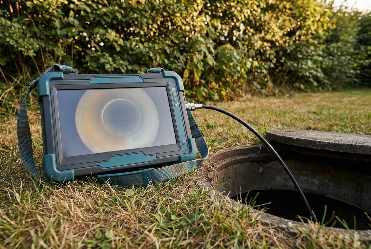 Immagine illustrativa: monitor portatile accanto a un pozzetto aperto mostra l'interno di una tubazione.