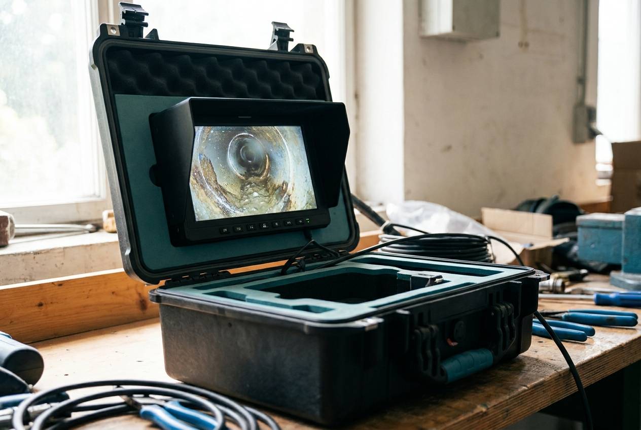 Immagine illustrativa: monitor della videoispezione in valigetta che mostra l interno di una tubazione