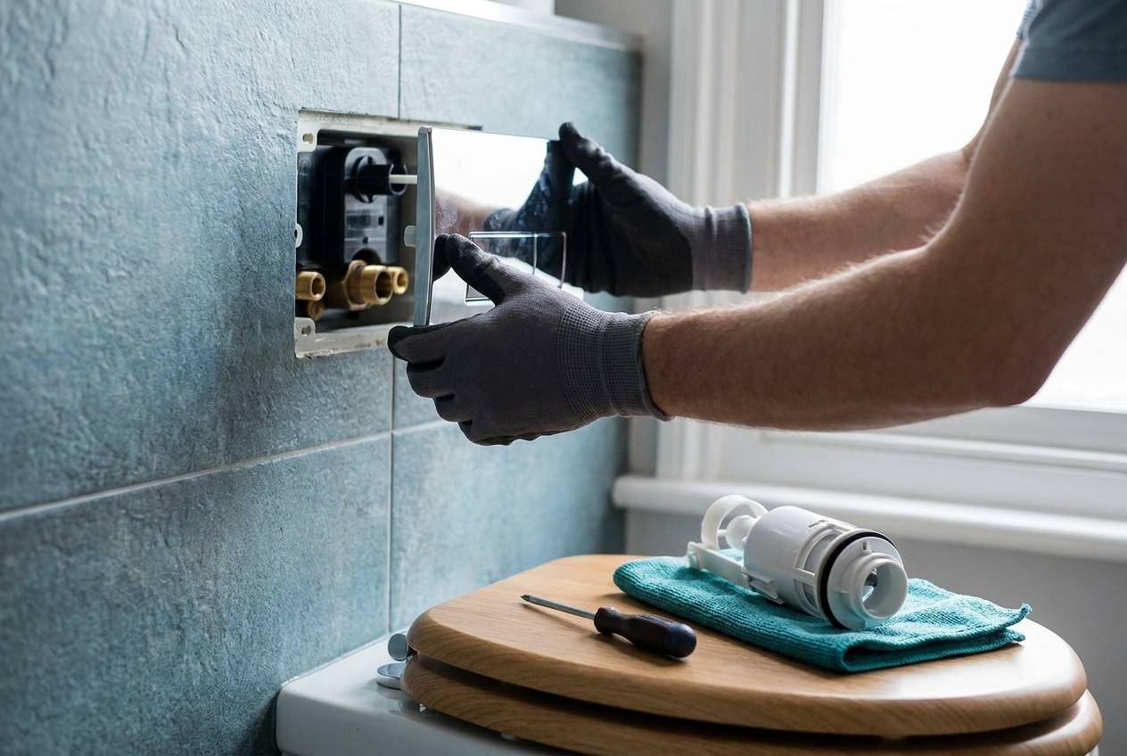 Immagine illustrativa: mani rimuovono la placca di comando per accedere alla cassetta a incasso di un WC sospeso.