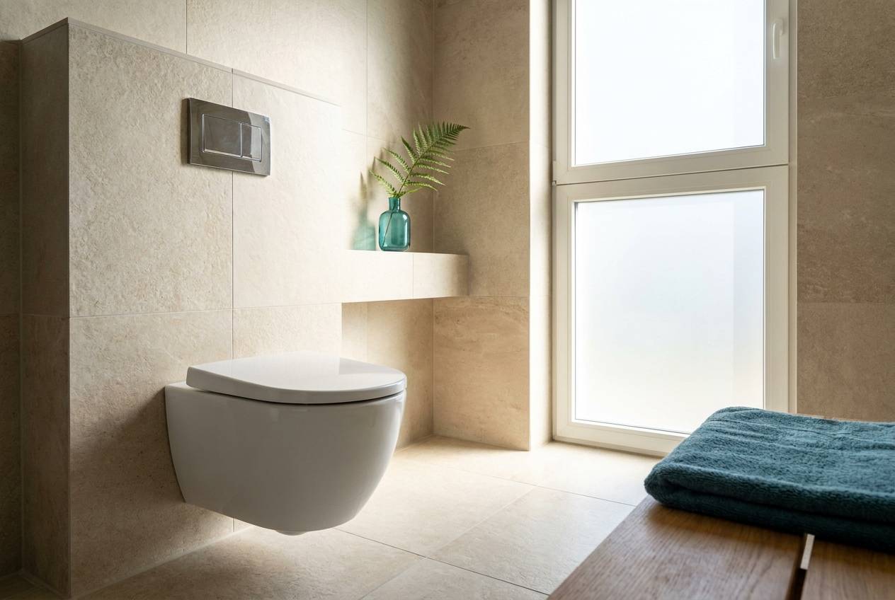 Immagine illustrativa: bagno moderno con WC sospeso e placca di comando a parete